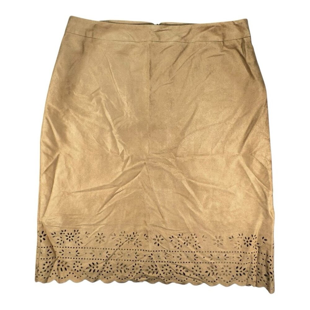 Bandolino Tan Faux Suede Pencil Skirt Eyelet Hem Lined Neutral Size 12 Vintage